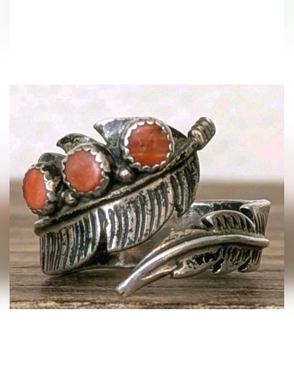 Joe Delgarito Navajo Sterling Silver Coral Feather Bypass Ring Sz 8 Adjustable